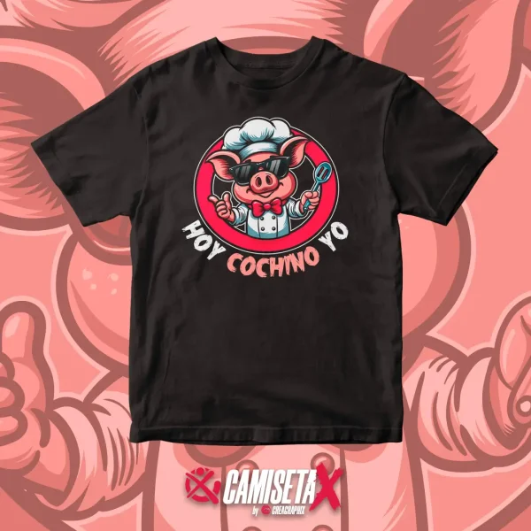 camiseta con un cerdo cocinero y la leyenda "Hoy cochino yo"