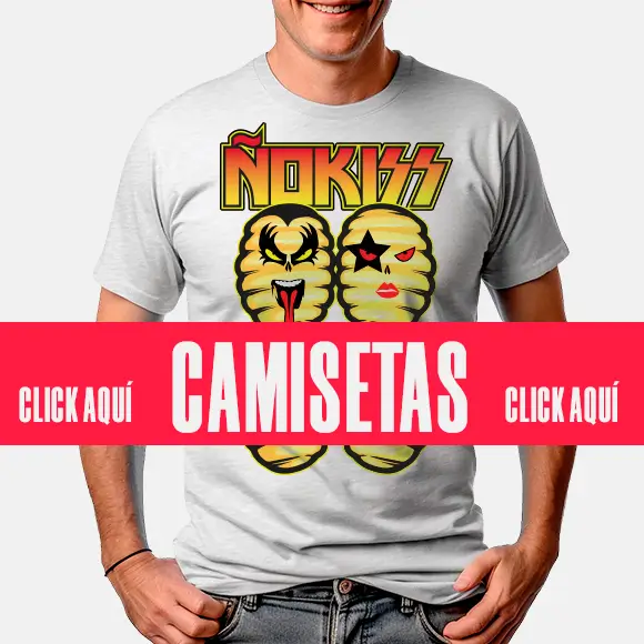 HOMBRE CON CAMISETA ÑOKISS, INDICANDO "CLICK AQUÍ"
