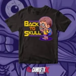 simpática camiseta Back to skull en la que se ve un niño estirando la piel de su cara bajo la que se ve una calavera.