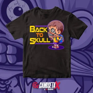 simpática camiseta Back to skull en la que se ve un niño estirando la piel de su cara bajo la que se ve una calavera.