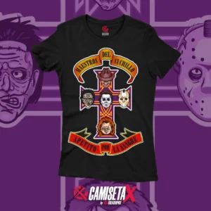 simpática camiseta Maestros del cuchillo en la que se citan los asesinos de las pelis clásicas de terror sobre el diseño de la icónica camiseta de Guns n Roses "Apetitte for Destruction"