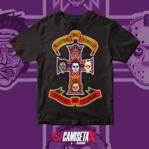 simpática camiseta Maestros del cuchillo en la que se citan los asesinos de las pelis clásicas de terror sobre el diseño de la icónica camiseta de Guns n Roses "Apetitte for Destruction"